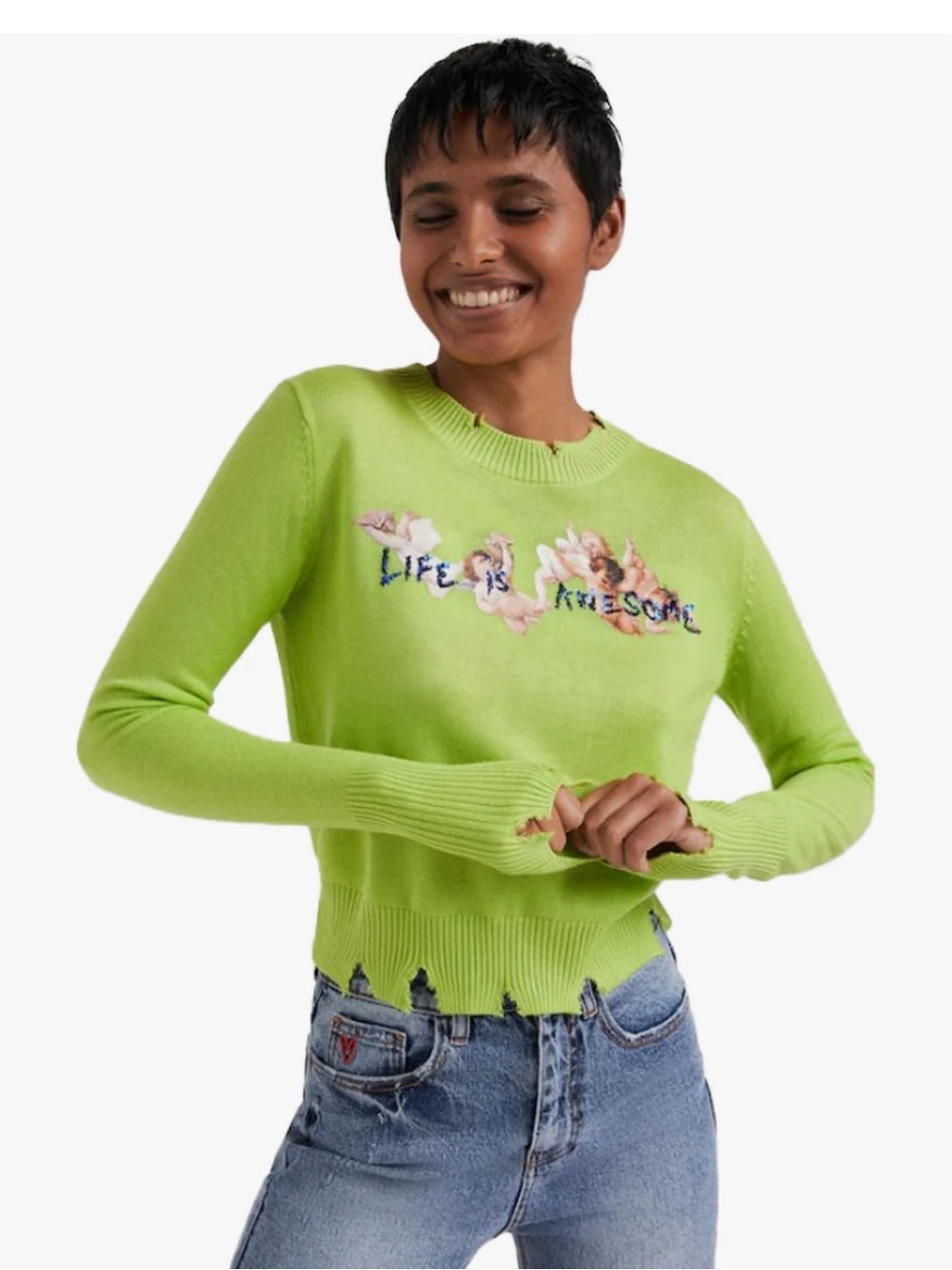 Desigual Lime Green Floral Embroidered Crewneck Sweater